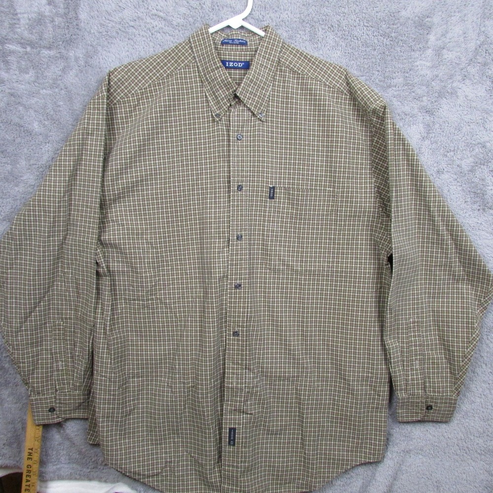 IZOD Shirt Mens XL Brown Micro Tartan Plaid Long Sleeve Button Front Cotton
